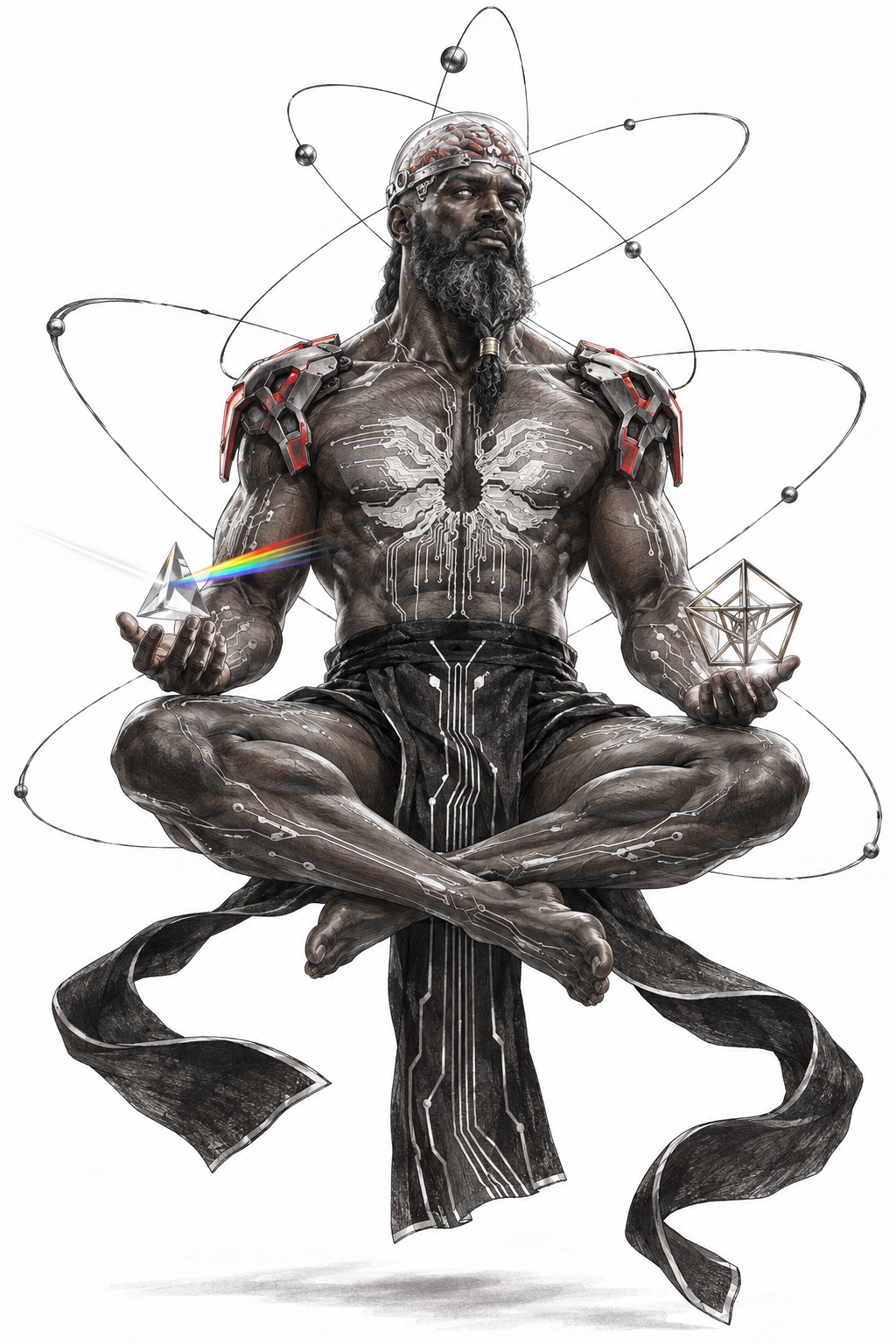 Solomon, a meditating sage with an exposed brain and orbiting celestial spheres, rendered in charcoal and ink.